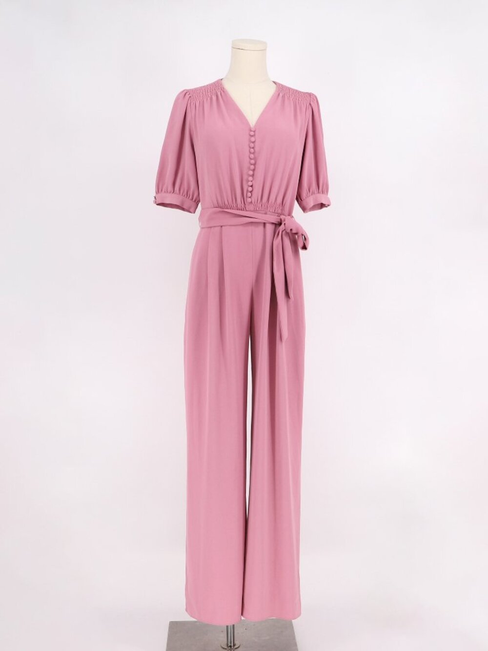 GAL MEETS GLAM COLLECTION Gabriella Tie Waist Short Sleeve Jumpsuit Pink Size 2